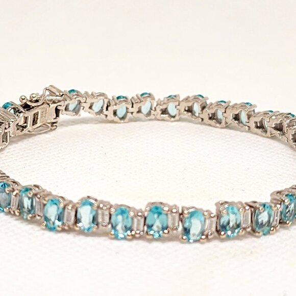 Madagascar Blue Apatite & Moissanite wave tennis bracelet in Rhodium/925SS 7.25" - Picture 3 of 5